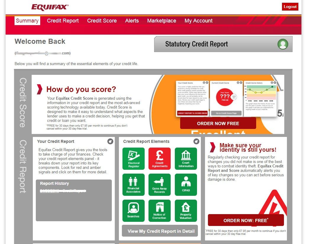 The credit report account page the user sees after logging in