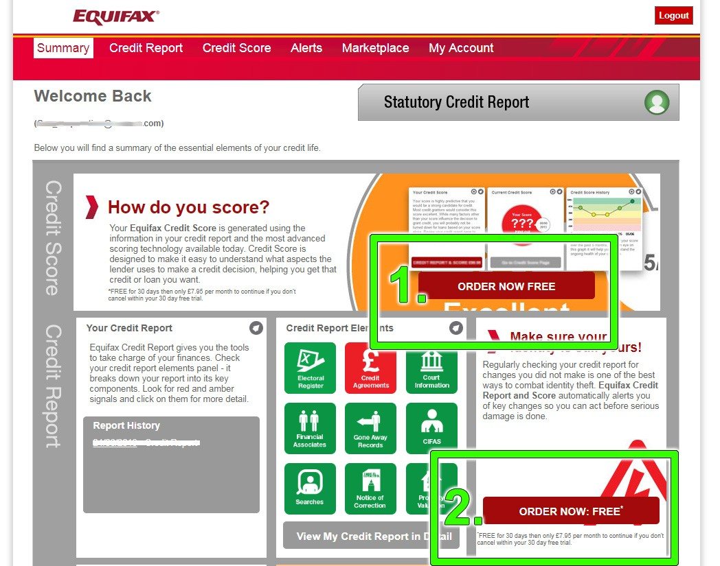 The account page with its two ‘Order now free’ buttons marked 1 and 2