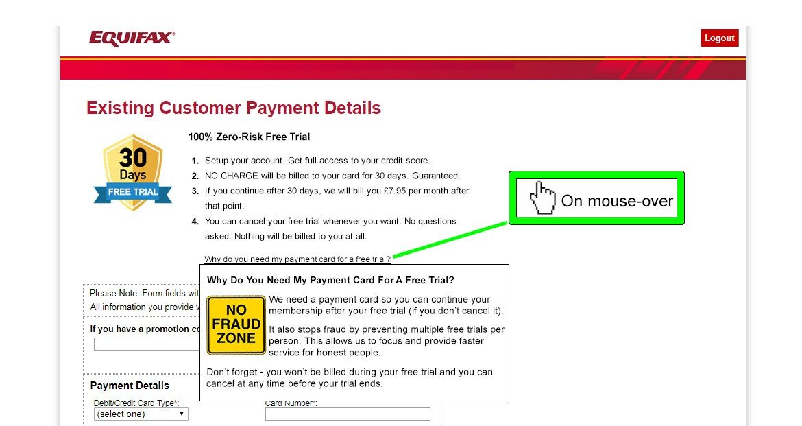 Suggested payment page: a mouse-over explaining why a card is needed for a free trial
