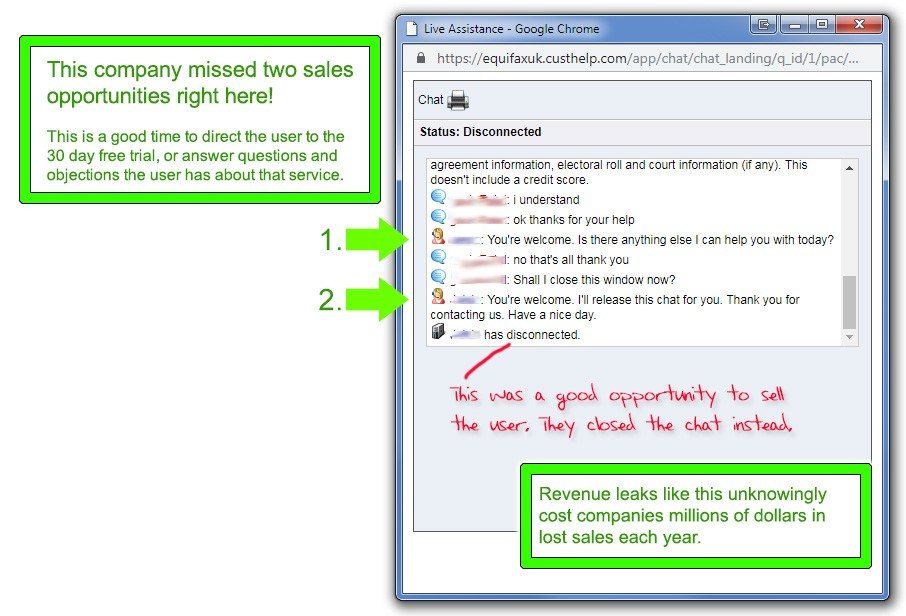 The live chat log, with two missed chances to offer the free trial