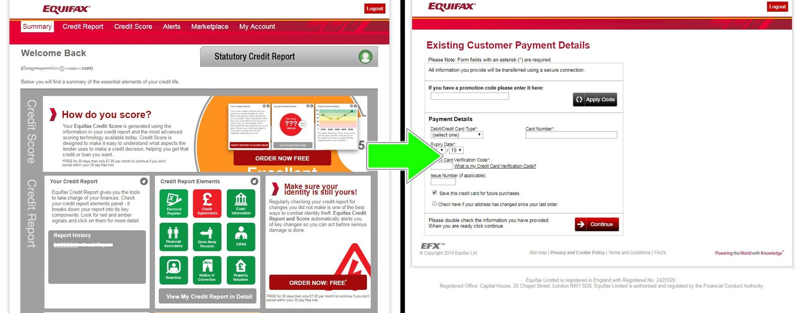 The ‘free’ button leads to an existing-customer payment page